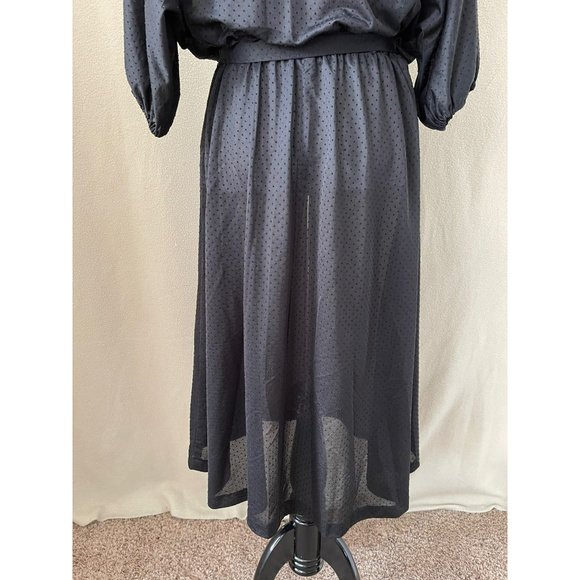 Vintage Black Sheer Embossed Polka Dot Pleated Half Button Down Tie Waist Dress - Picture 8 of 12